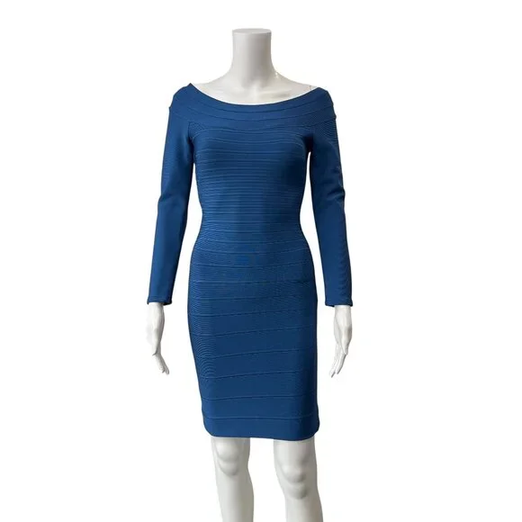 $1050 Herve Leger Max Azria Blue Bandage Candice Long Sleeve Dress size Small - Picture 2 of 10